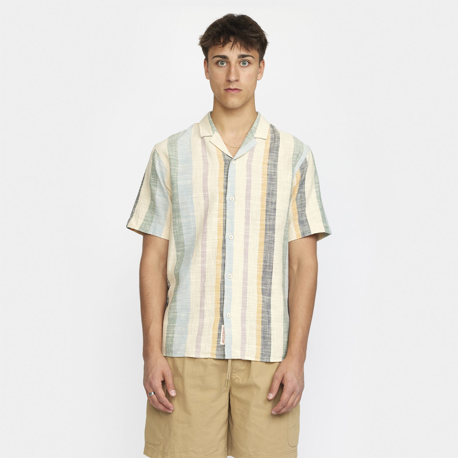 Short Sleeved Shirt With A Cuban Collar In A Multistriped C